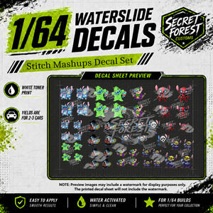 1:64 Scale Stitch Mashup Waterslide Decal Set White Toner Printed Fits Most Cars
